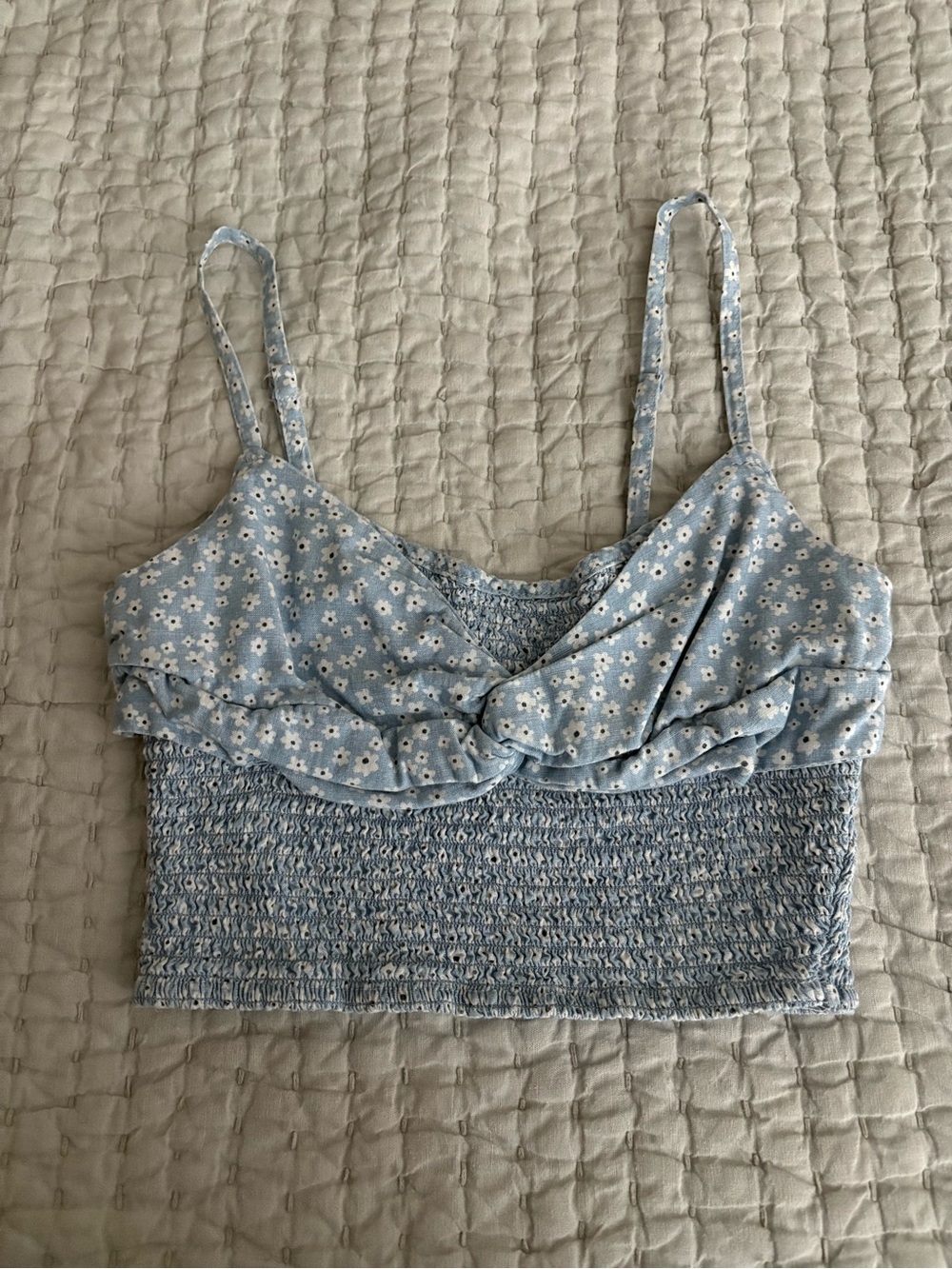 American Eagle Light Blue Floral Smocked Crop Tank